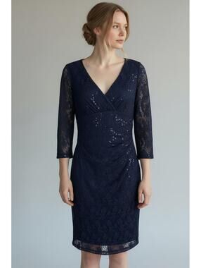 Chaps Navy Blue Sequin Lace Wrap Midi Cocktail Dress with 3/4 Sleeves, Size 2